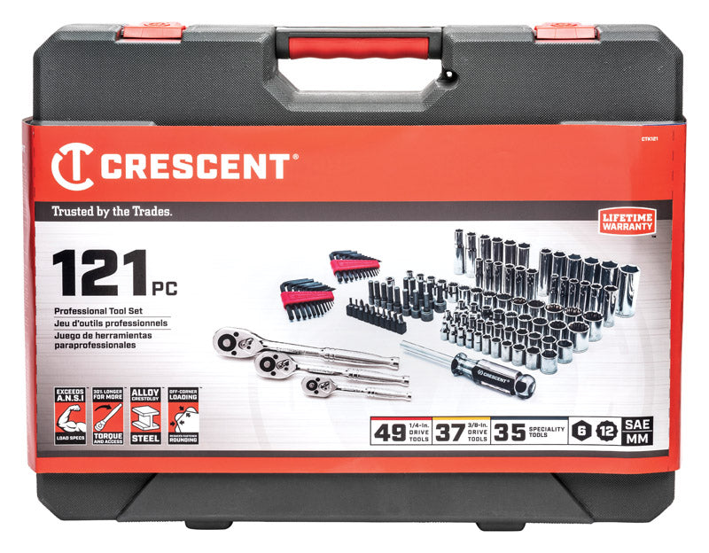 APEX TOOL GROUP INC, Crescent 1/4 et 3/8 in. drive Metric and SAE 6 and 12 Point Mechanic's Tool Set 121 pc