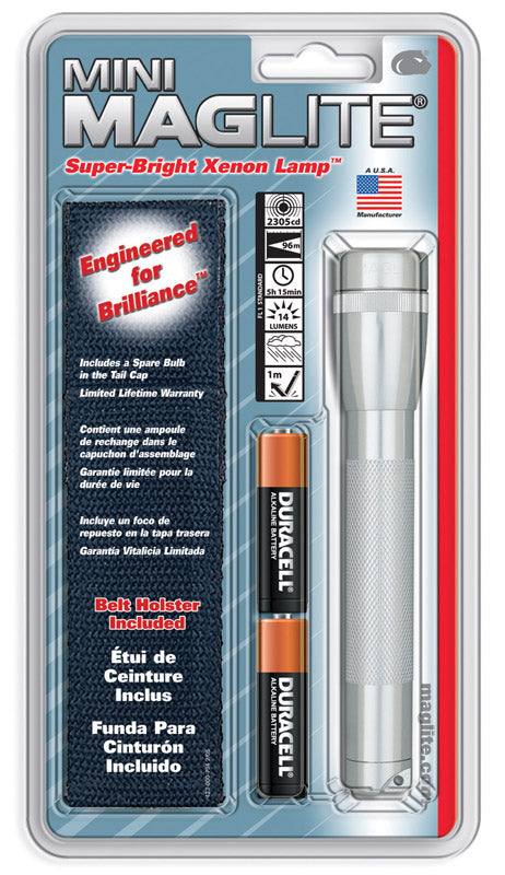 MAG INSTRUMENT INC, Maglite Mini 14 lm Silver Xenon Flashlight/Holster Combo Pack AA Battery