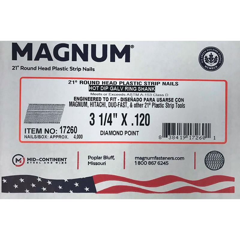 MID CONTINENT STEEL & WIRE, Magnum 3-1/4 in. Clous en bande plastique galvanisés à chaud 21 deg 4000 pk