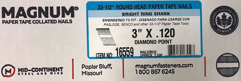 MID CONTINENT STEEL & WIRE, Magnum 3 po. Magnum 3 in. Angled Strip Bright Nails 33-1/2 deg 2500 pk