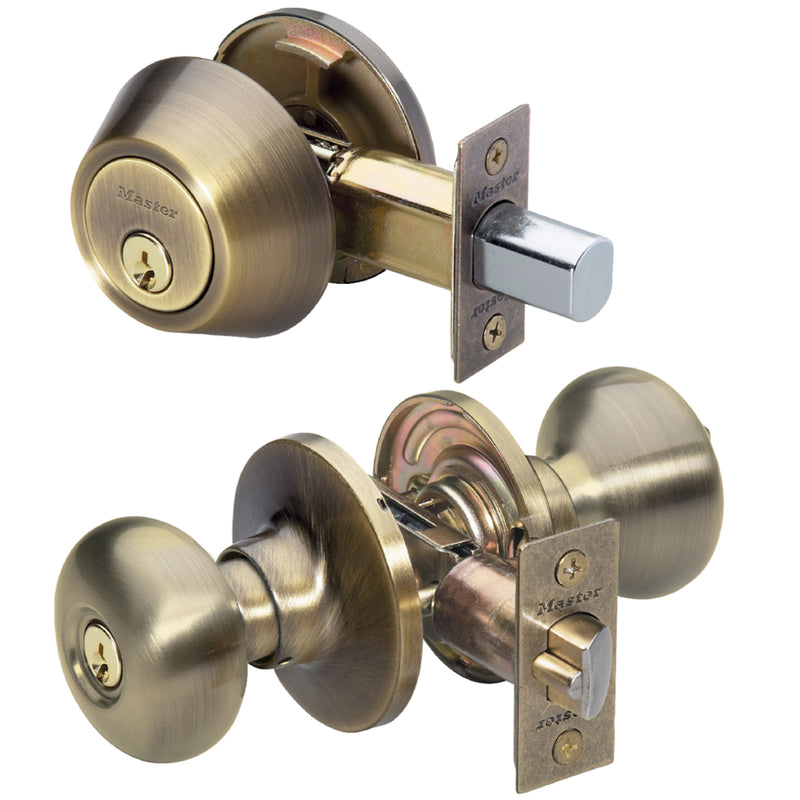 Master Lock Company Llc, Master Lock Antique Brass Deadbolt and Entry Door Knob 1-3/4 in.