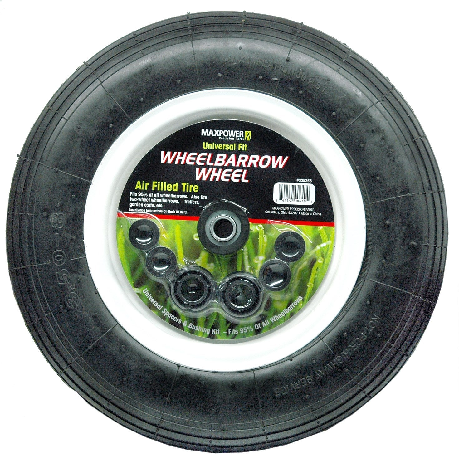 ROTARY CORP, MaxPower Plastic Hub Universal Rubber Air Filled Replacement Wheel 3.50 to 8 in. for Wheelbarrows (Roue de remplacement en caoutchouc remplie d'air)