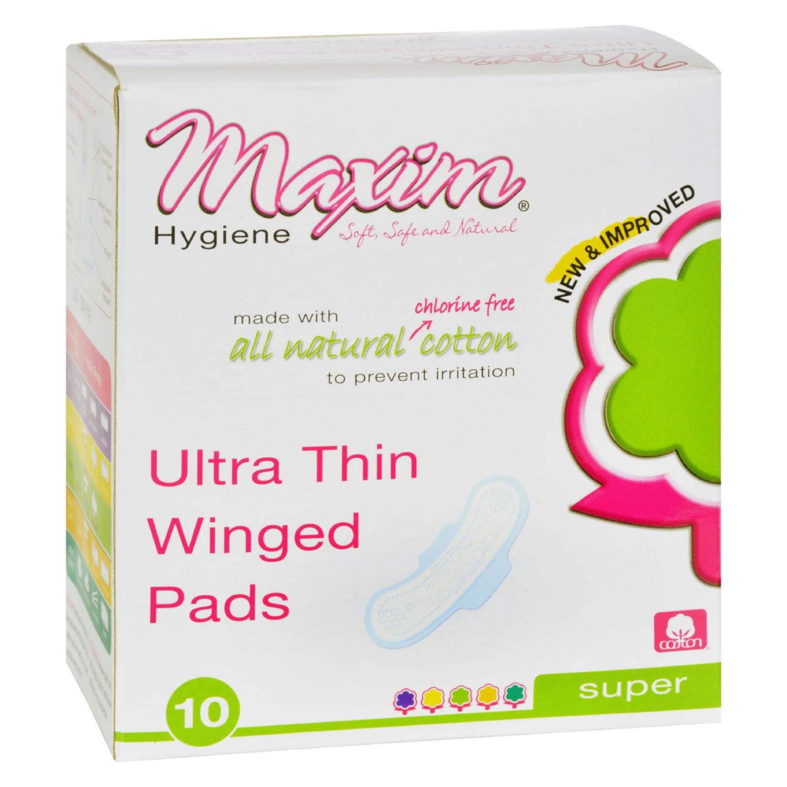 Maxim Hygiene Products, Maxim Hygiene Serviettes hygiéniques à ailettes en coton naturel ultra-mince pour la nuit - 10 serviettes