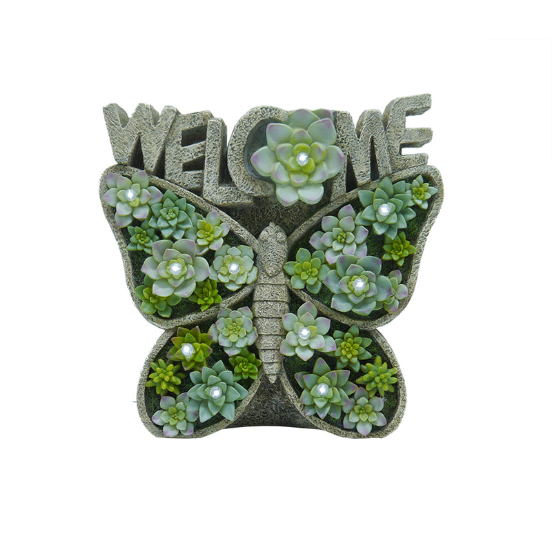 ACE TRADING - EVG FQD, Meadow Creek Polyrésine verte 10 in. H Welcome Butterfly Succulents Outdoor Solar Decor (Pack de 3)