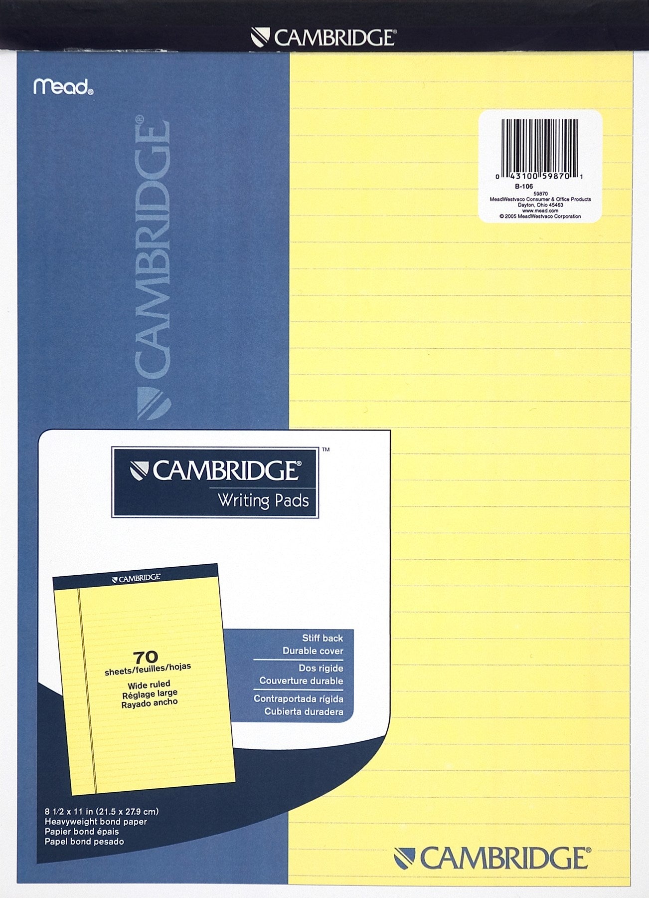 MeadWestvaco, Meadwestvaco 59870 8-1/2 X 11" Jaune canari Cambridge à dos rigide Legal Pad