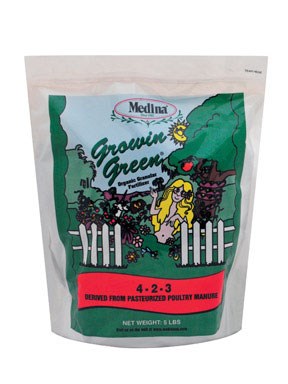 Produits agricoles Medina, Medina Growin Green Engrais organique granulaire 4-2-3 375 Sq. Ft. Granules 5 Lb.