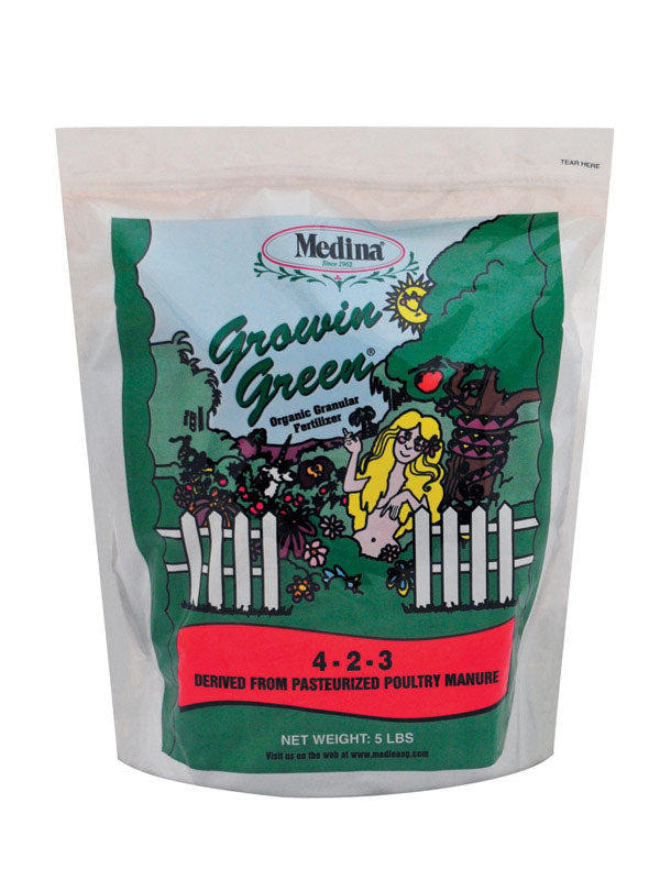 Produits agricoles Medina, Medina Growin Green Engrais organique granulaire 4-2-3 375 Sq. Ft. Granules 5 Lb.