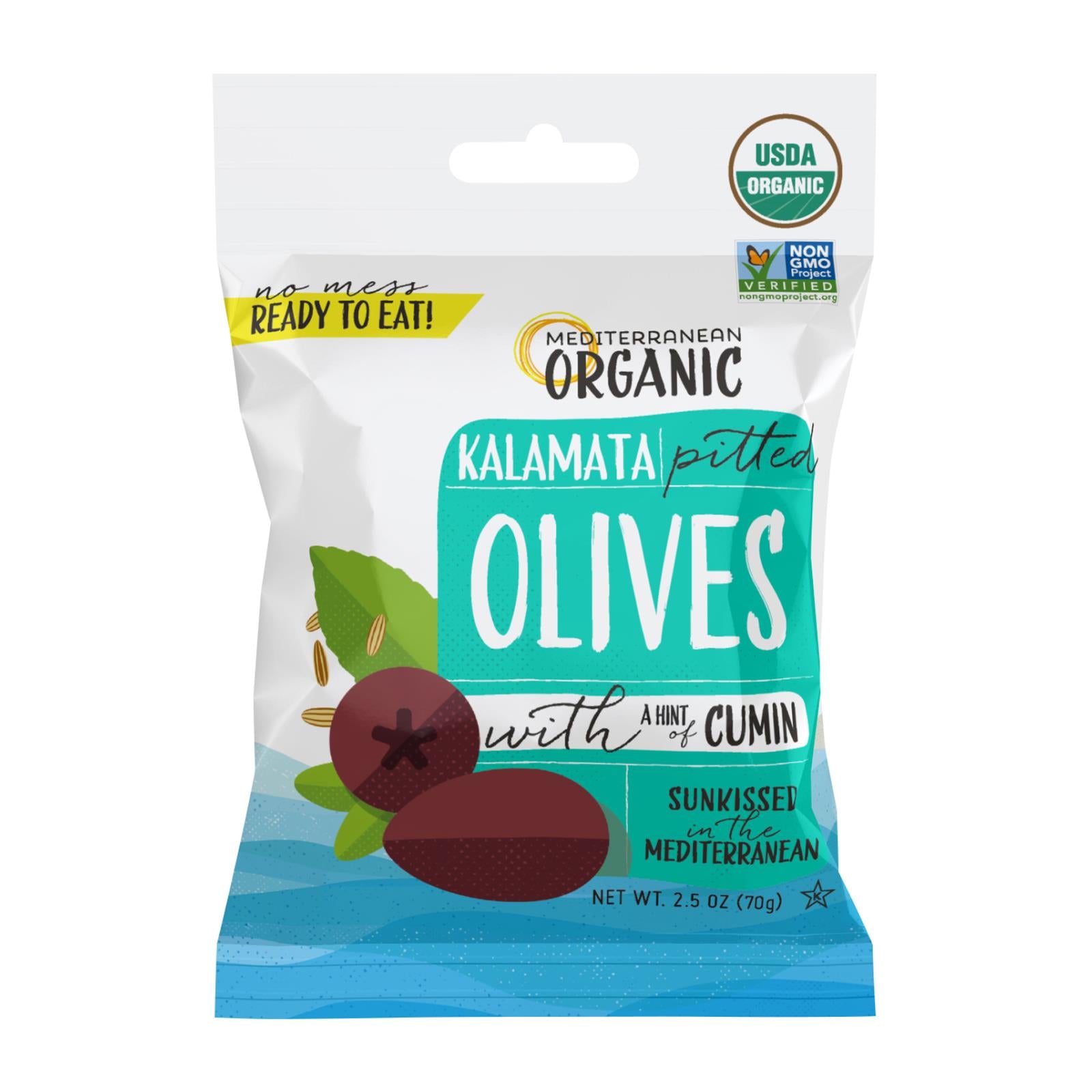 Méditerranée biologique, Mediterranean Organic Olives dénoyautées Kalamata avec herbes et épices - caisse de 12 - 2.5 OZ (paquet de 12)