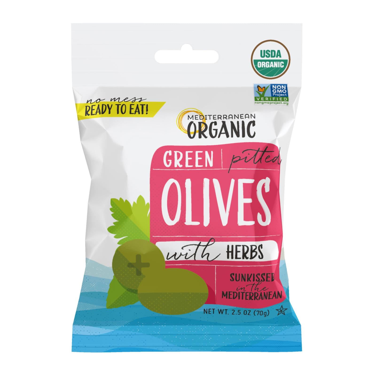 Méditerranée biologique, Mediterranean Organic Olives vertes dénoyautées aux herbes - caisse de 12 - 2.5 OZ (paquet de 12)