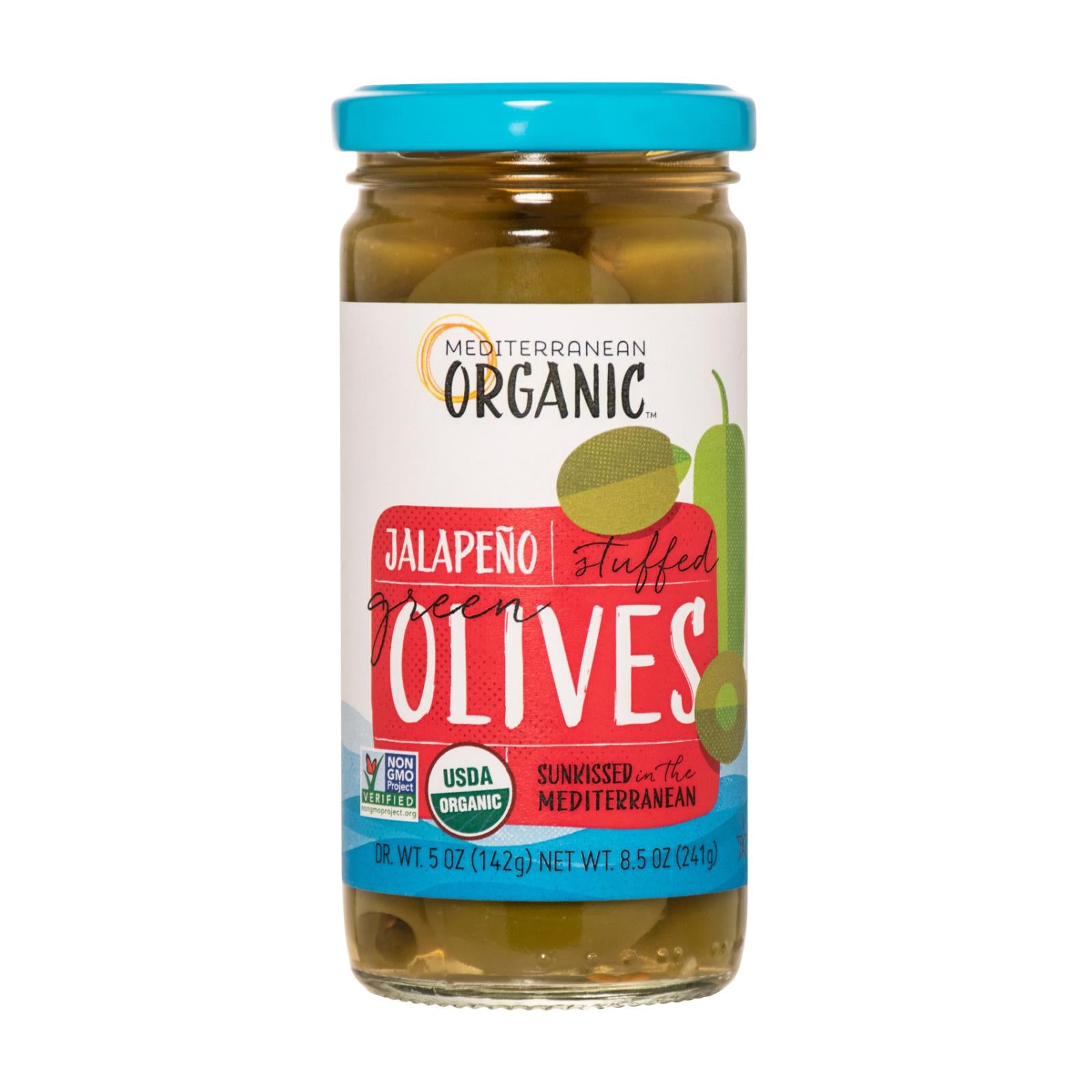 Méditerranée biologique, Mediterranean Organic Olives vertes farcies au piment Jalapeno - caisse de 12 - 8.5 OZ (paquet de 12)