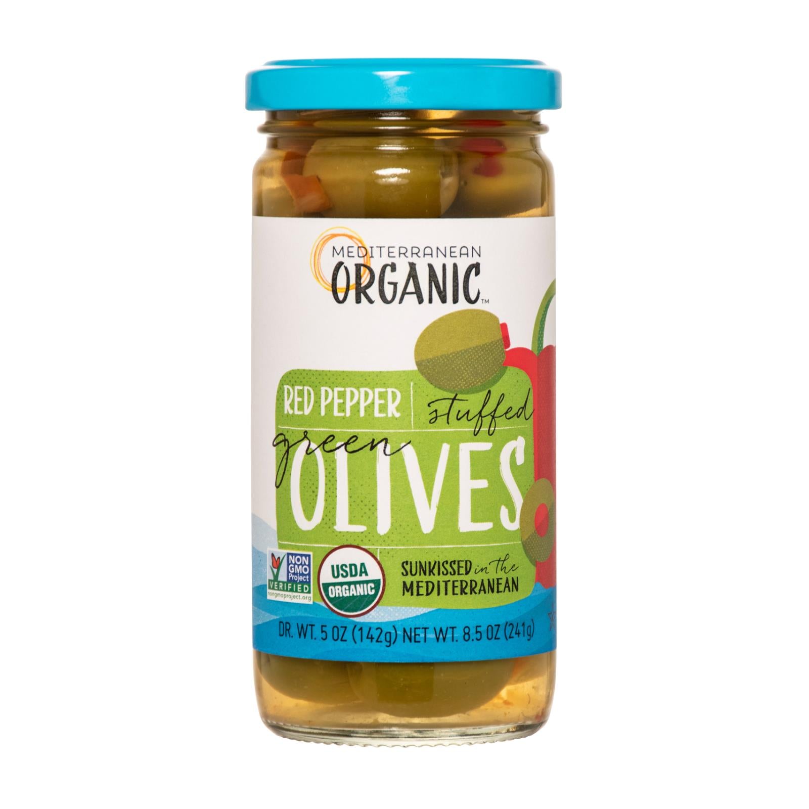 Méditerranée biologique, Mediterranean Organic Olives vertes farcies poivrons rouges - caisse de 12 - 8.5 OZ (paquet de 12)