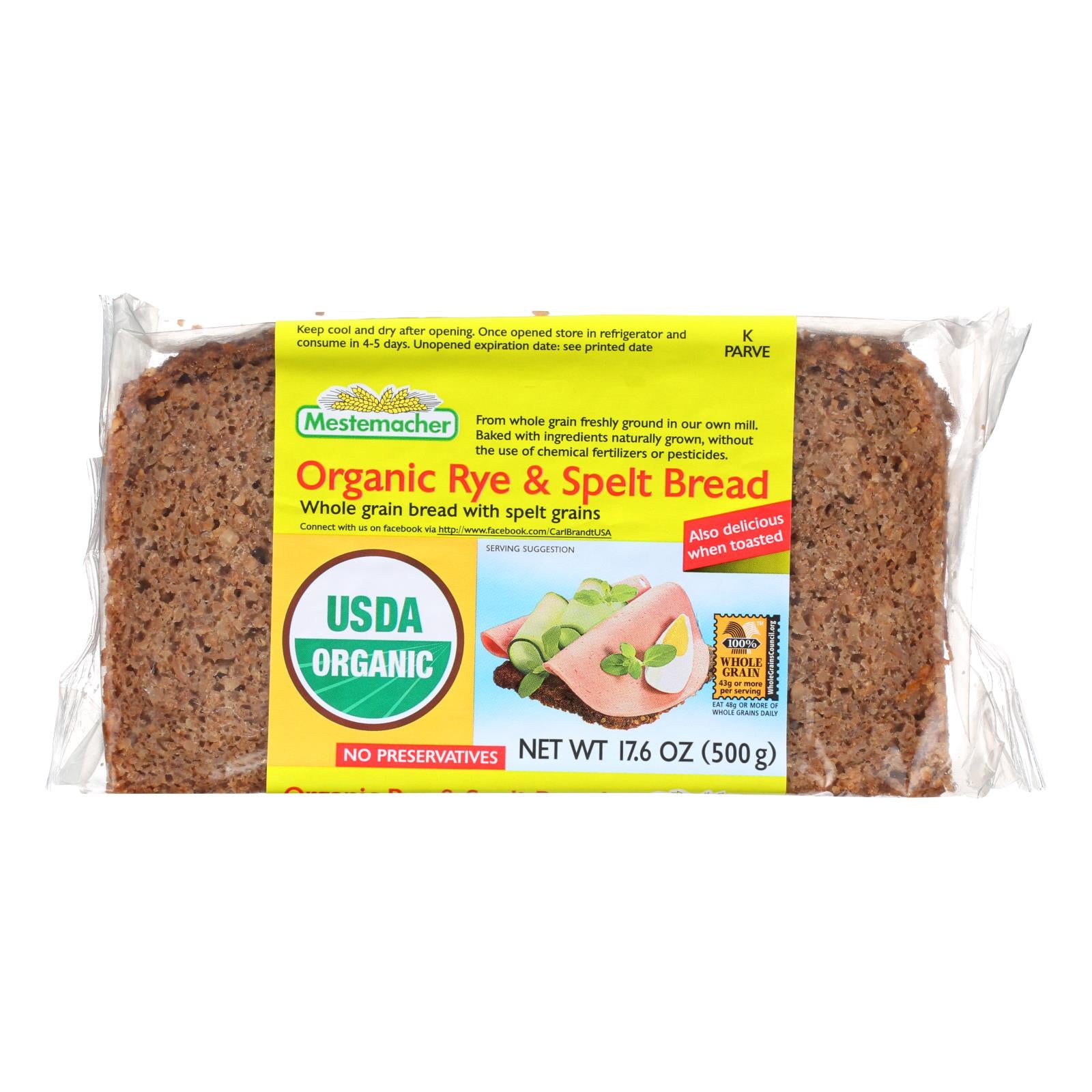 Pain Mestemacher, Mestemacher Bread Natural Rye and Spelt Bread - Pain complet avec des grains d'épeautre non mûrs - Caisse de 12 - 17.6 oz (paquet de 12)