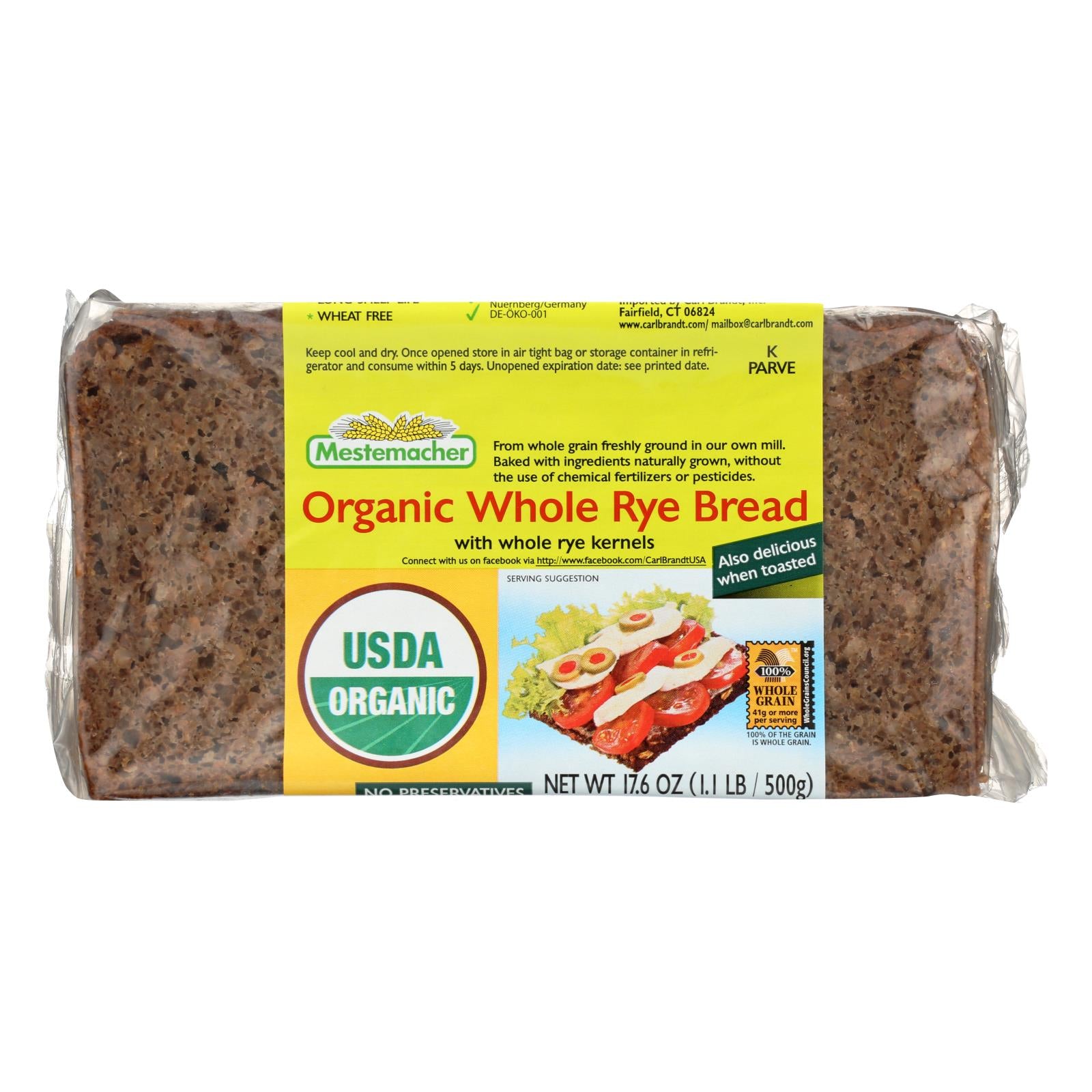 Pain Mestemacher, Mestemacher's Organic Whole Rye Bread - caisse de 12 - 17.6 OZ (paquet de 12)