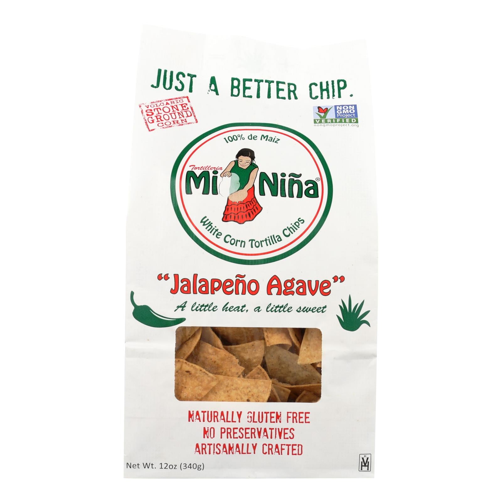 Mi Nina, Mi Nina's White Corn Tortilla Chips With Jalapeno Aguave - Case of 9 - 12 OZ (Pack of 9)