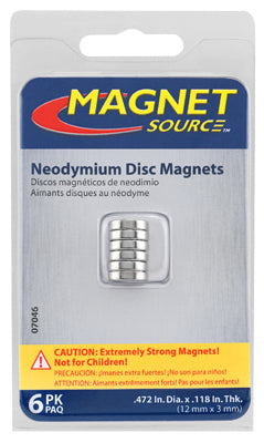 MASTER MAGNETICS INC, Source d'aimant .118 in. L X .472 in. W Silver Super Disc Magnets 4.3 lb. pull 6 pc