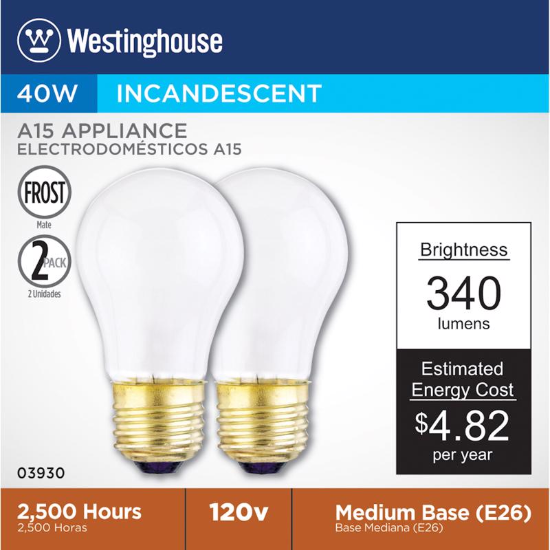 WESTINGHOUSE LIGHTING CO, Westinghouse Appliance 40 W A15 A-Line Incandescent Bulb E26 (Medium) White 2 pk
